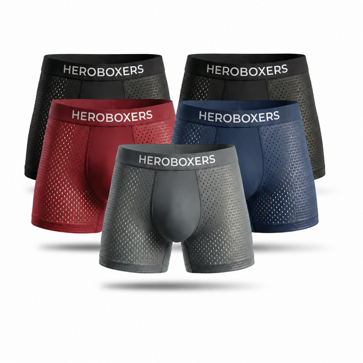 HeroBoxers bamboo boxer briefs in black, red, blue and grey