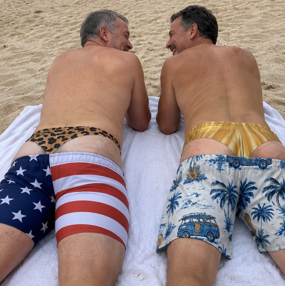 Friends relaxing in Double-Take trunks