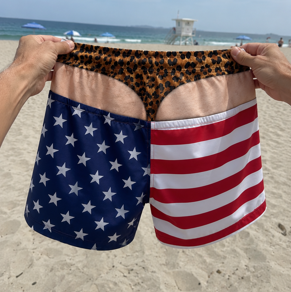 USA Double-Take trunks held at the beach