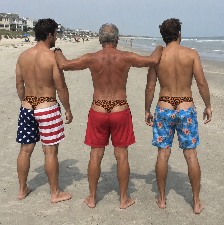 Beach trio wearing Double-Take trunks